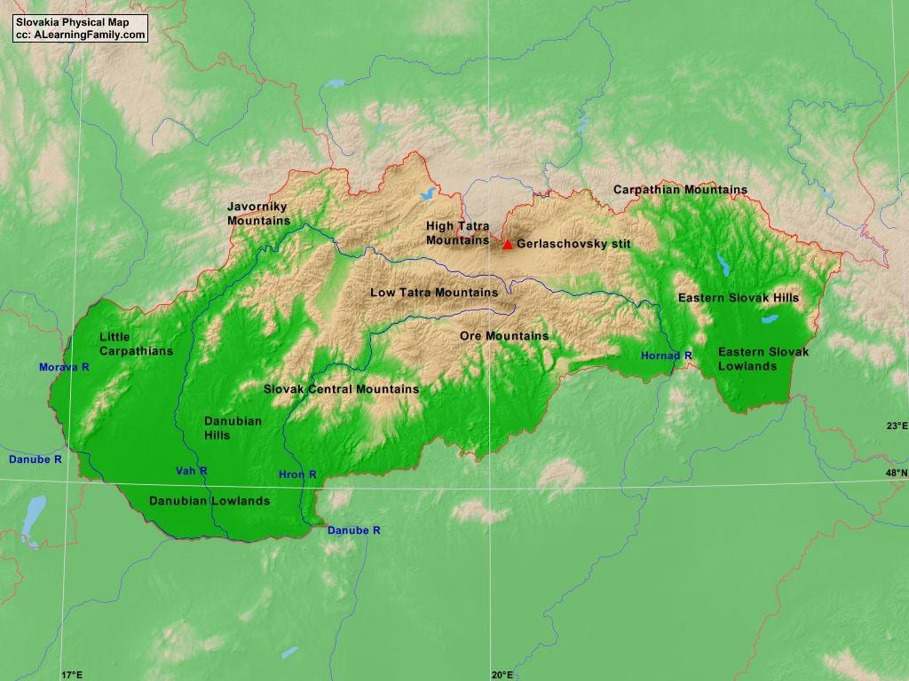 地図のスロヴァキアの山々
